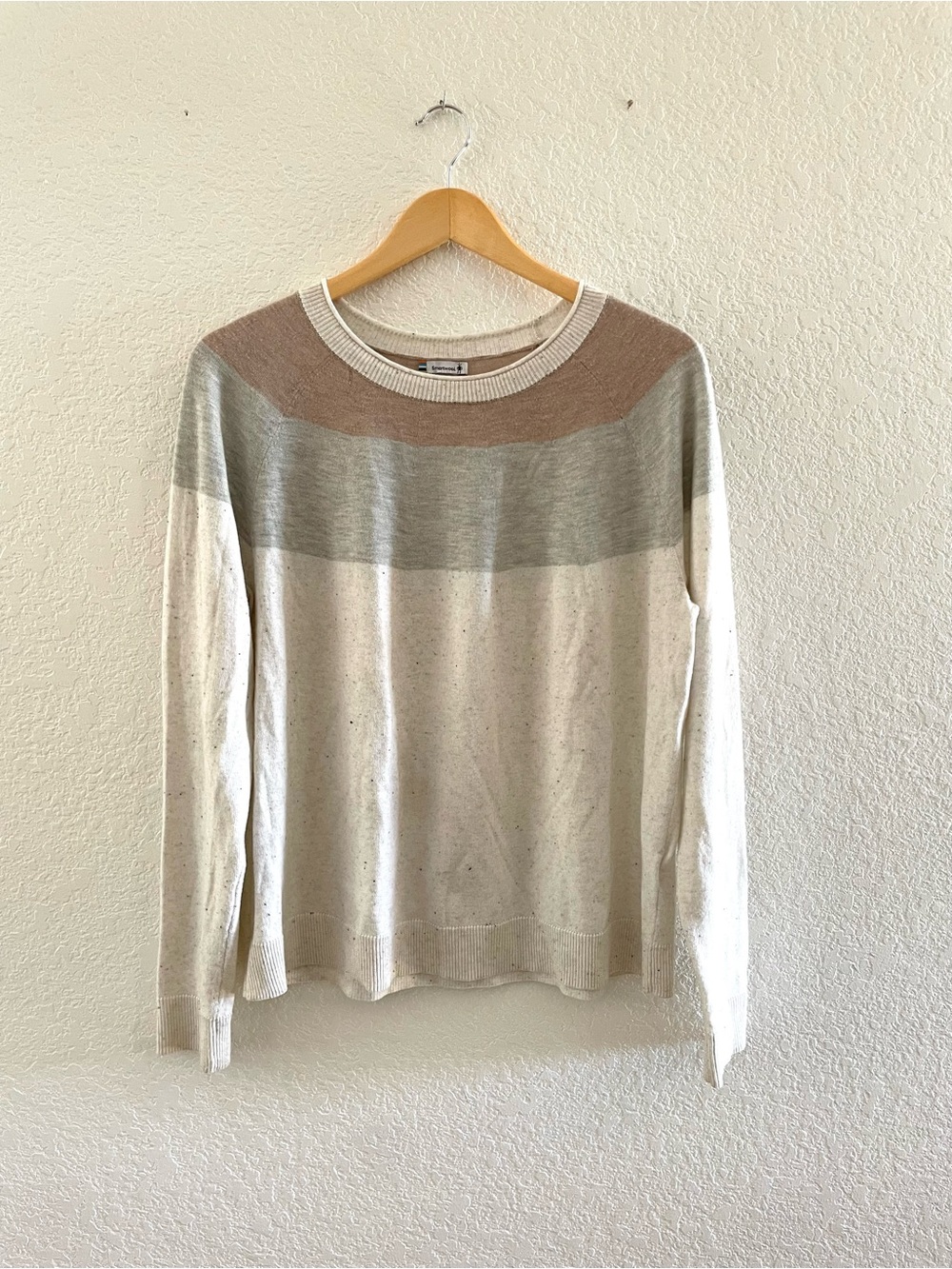 Smartwool Colorblock Crewneck Lightweight Sweater in Cream, Taupe & Gray Sz L